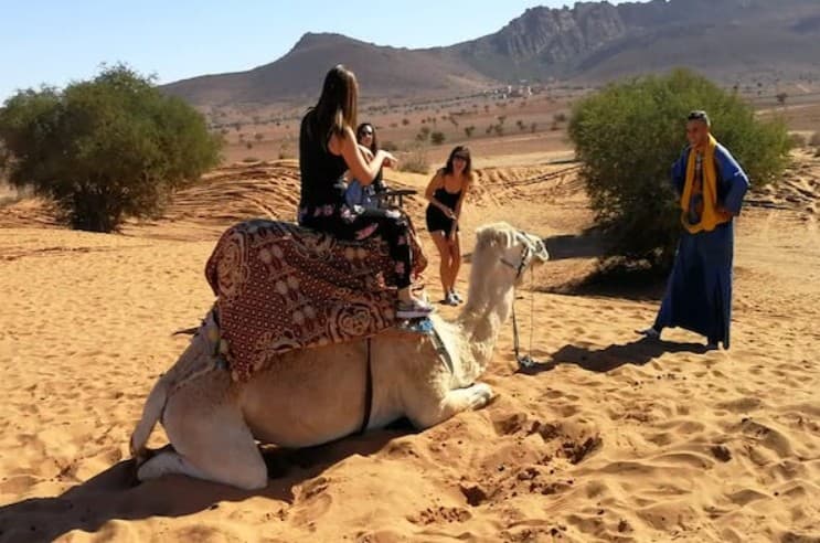 Tourists riding camels across the Rasmouka desert dunes in southern Morocco