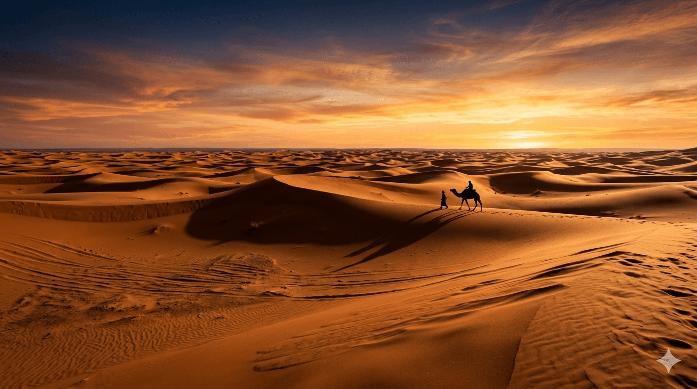 Moroccan desert sunset with golden sand dunes